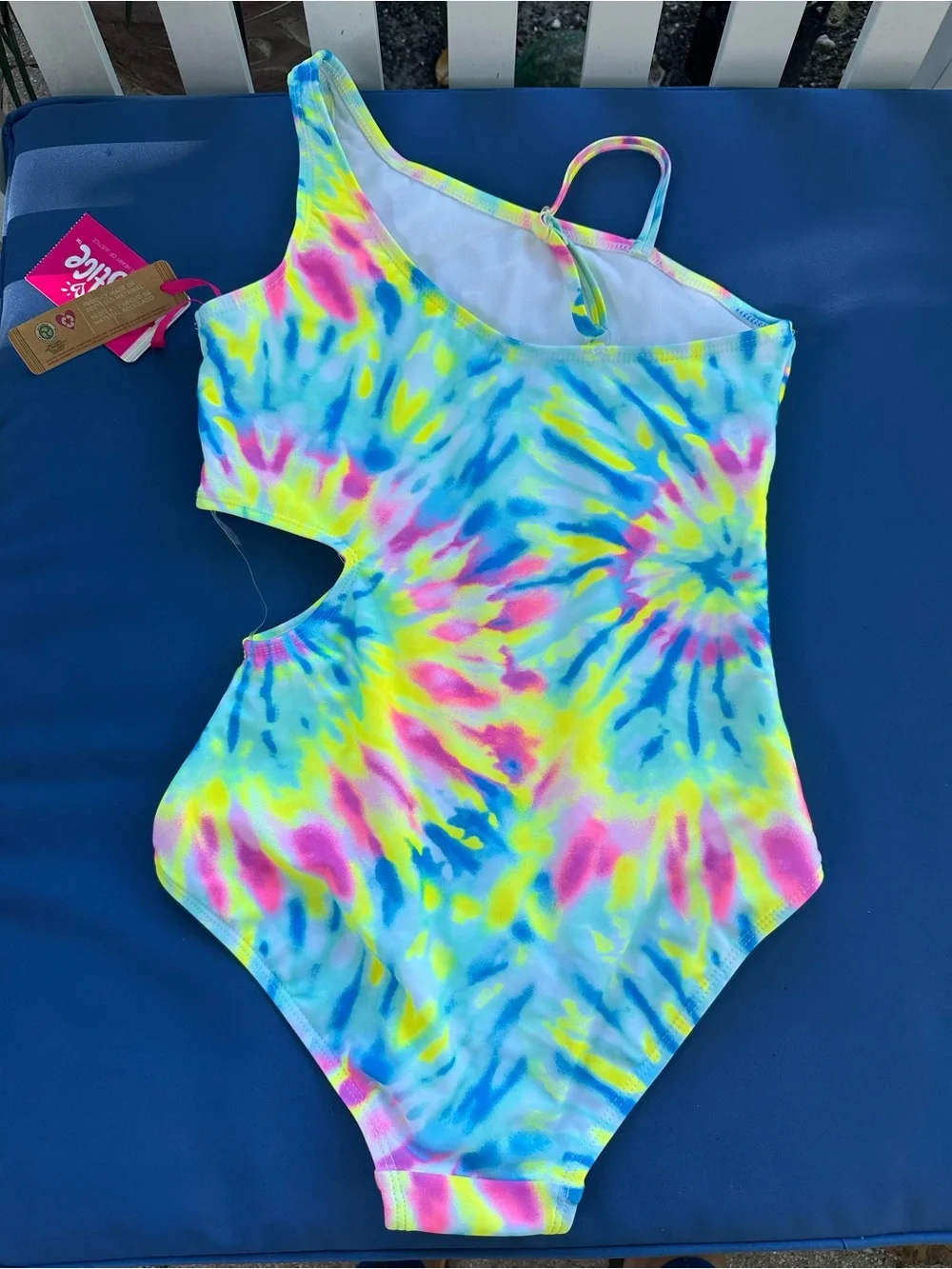 NWT Justice Tie-Dye One-Shoulder Swimsuit in Neon Blue, Yellow & Pink Size 12-14